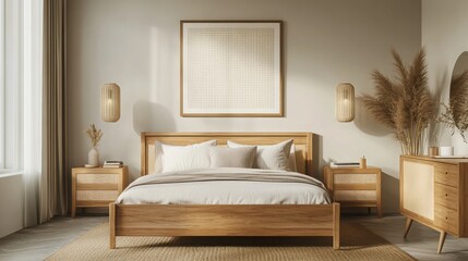 Mock up frame in a minimalist adult bedroom with sleek natural wooden furniture and clean lines, 3D render 