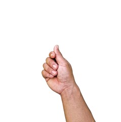 Male hand making a gesture of holding a card or business card. Some types of documents ID card Or a passport, coin, or something. Isolated on a white background.