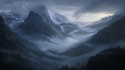 Mystical Valley: Surreal Landscape of Foggy Enchantment