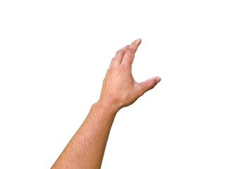 Male hand reaching for something on business concept Isolated on a white background.	