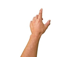 Men's hands making gestures like I'm pointing at something. or touch the phone screen Isolated on white background.	