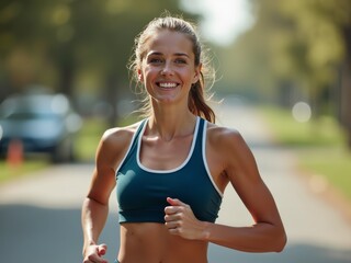 Smiling woman jogging outdoors in sports bra during a sunny day, fitness and healthy lifestyle concept
