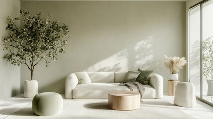 A living room with a white couch, a coffee table, and a potted tree