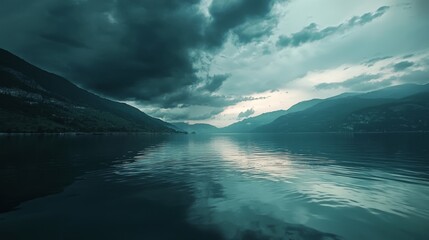 Naklejka premium Majestic Mountain Lake under Approaching Storm Clouds - Nature's Tranquil Beauty Threatened by Impending Darkness