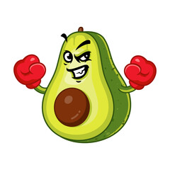 Angry avocado wearing red boxing gloves, mascot cartoon illustration.