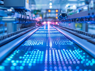 High-Tech Manufacturing Conveyor with Illuminated Digital Patterns