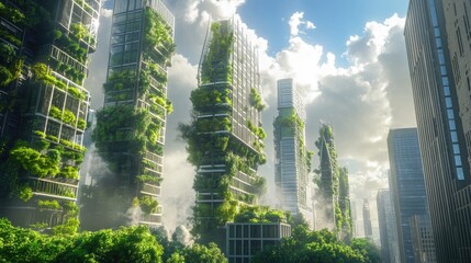 Obraz premium Vertical farming technologies in a futuristic city, where high-tech greenhouses and urban agriculture thrive amidst modern skyscrapers.