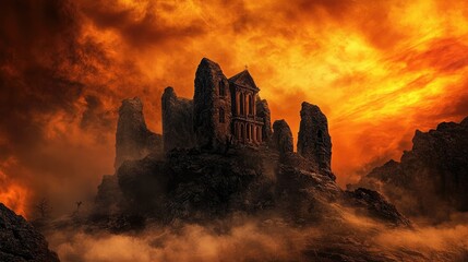 Fototapeta premium Vibrant Halloween rocks shaped like a haunted house, contrasted against a dramatic orange and black Halloween sky with foggy accents
