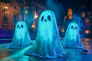 Three white-caped ghosts are walking around on Halloween night.