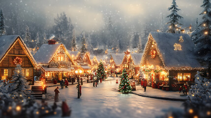 Christmas village with Snow in vintage style. Winter Village Landscape. Christmas Holidays. Christmas Card. 3d illustration