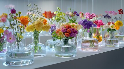 Colorful Flowers in Glass Vases on White Table