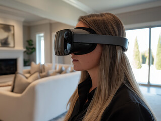 Woman Using VR Glasses for Immersive Home Virtual Experience