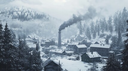 Winter Wonderland: Serene Remote Village Covered in Fresh Snow with Smoking Chimneys
