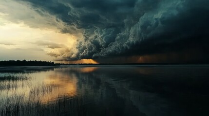 Fototapeta premium Dramatic Storm Clouds Gathering Over Serene Lake, Reflecting in Water