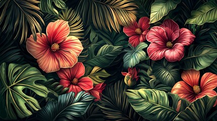 Naklejka premium Tropical Flowers and Leaves Pattern Background