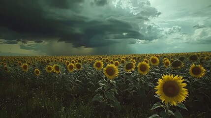 Obraz premium Dramatic Storm Clouds Over Vast Sunflower Field - Nature's Contrasts