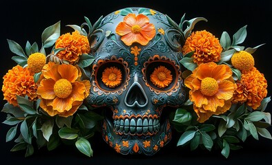 Vibrant sugar skull adorned with marigolds, perfect for Day of the Dead events, celebrations, cultural projects, and design work related to D&iacute;a de los Muertos.