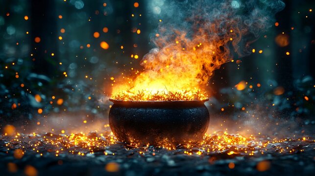 A mystical cauldron simmering with herbs, set for Day of the Dead (Dia De Los Muertos) celebrations, perfect for enhancing themed events and decorations.