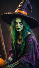 witch with a broom with a witch makeup look on her face