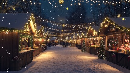 A cozy Christmas market with twinkling lights, wooden stalls, and festive decorations under a snowy night sky.