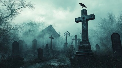 A foggy graveyard with crumbling tombstones, crows perched on crosses, and an ominous dark sky.