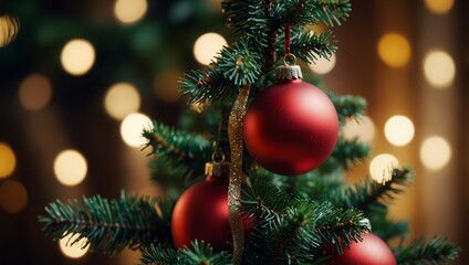 Obraz premium Choinka z bombkami i rozmytymi, błyszczącymi światłami