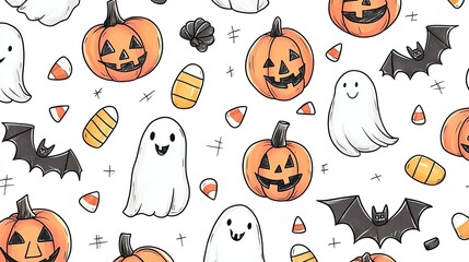 A Halloween doodle pattern of smiling pumpkins, playful ghosts, bats, and candy corn, illustrated with lively, hand-drawn lines.
