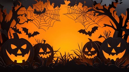 Handmade paper cutout Halloween scene with cobwebs and jack-o-lanterns, featuring a backdrop with ample space for adding festive messages or graphics.