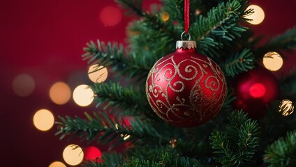 Obraz premium Christmas Tree With Ornament And Bokeh Lights In Red Background
