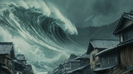 Fototapeta premium Impending Disaster: Coastal Village Facing Tsunami Threat with Towering Waves in Background