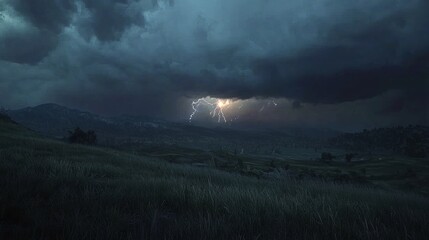 Fototapeta premium Dramatic Lightning Storm Over Dark Landscape - Realistic Weather Photography