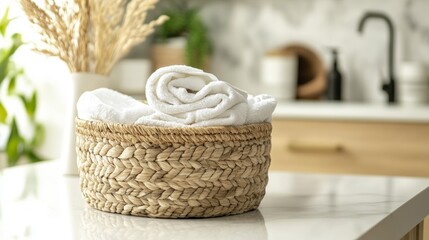 A basket of white towels sits on a counter