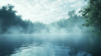 Fototapeta premium Enigmatic Serenity - A Stunning Capture of Thick Fog Blanketing a Tranquil Lake, Evoking Mystical Vibes