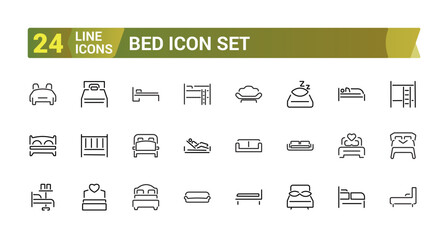 Bed line icon set. Bedroom line icon containing bed, bedroom, sleep, bedtime, furniture, linen. Editable stroke. Vector illustration.