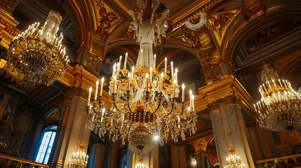 Obraz premium Majestic hall adorned with ornate chandeliers and a gilded ceiling, capturing the essence of grandeur and elegance.