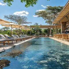Fototapeta premium A swimming pool at a luxurious resort, with comfortable sun loungers and a shaded bar in the background.