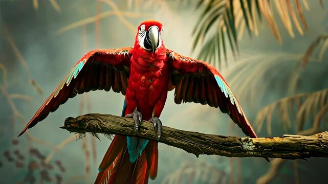 A scarlet macaw perches on a branch in a tropical rainforest, its wings spread wide