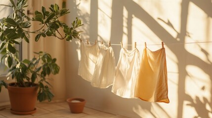 A line of clothes hanging on a clothesline in front of a potted plant