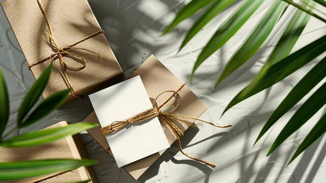 A simple white card tied with twine sits on a brown paper package, surrounded by palm fronds