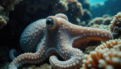 "Close-Up of Octopus Camouflaged Among Coral Reef &ndash; Underwater Marine Life Photography Highlighting Ocean Biodiversity and Cephalopod Behavior"