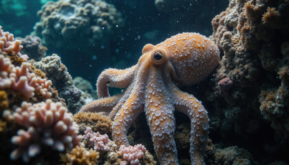 "Close-Up of Octopus Camouflaged Among Coral Reef &ndash; Underwater Marine Life Photography Highlighting Ocean Biodiversity and Cephalopod Behavior"