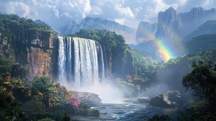 Fototapeta premium Majestic Thunderous Waterfall with Rainbow - Stunning nature background of powerful cascade descending down rocky cliff with mist and colorful rainbow in spray mist.