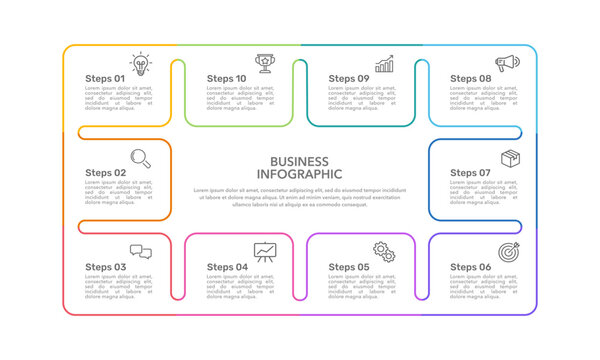 10 Process to success. Infographic square line design template. Business presentation, Banner, Brochure, Poster and Plan. Vector illustration.