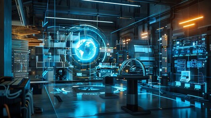 Futuristic control room with a holographic globe of Earth in the center, surrounded by glowing screens and displays, showcasing advanced technology and data visualization.