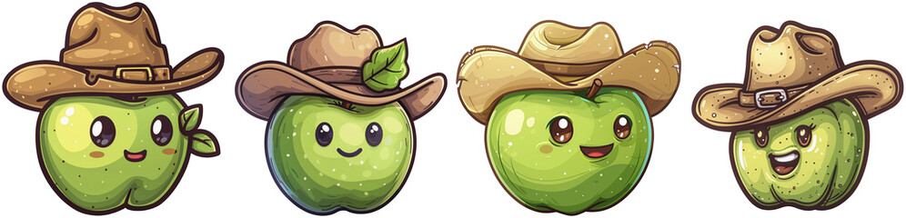 A cartoon style drawing of a green apple wearing a cowboy hat