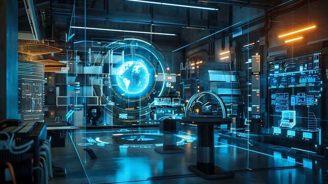 Futuristic control room with a holographic globe of Earth in the center, surrounded by glowing screens and displays, showcasing advanced technology and data visualization.