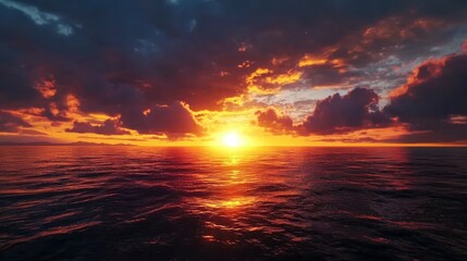 Fototapeta premium Majestic Sunset Over Calm Ocean with Dark Storm Clouds - Serene Seascape with Dramatic Skyline Horizon at Dusk