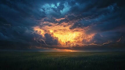 Fototapeta premium Nature's Wrath: Dramatic Realistic Footage of Distant Lightning Storm Lighting up Dark Landscape