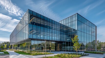 Fototapeta premium Modern glass building with a sleek exterior, featuring large windows and a contemporary design.