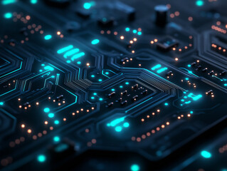 Obraz premium Circuit Board Close-Up with Glowing Connections